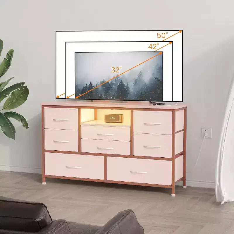 Meuble TV de 47,4 po avec prise de courant pour téléviseur de 55 po, commode de rangement à 8 tiroirs pour chambre à coucher, table console avec plateau en bois et 22 modes d'éclairage