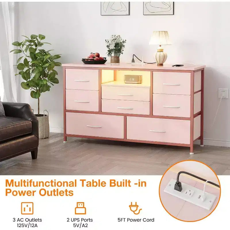 Meuble TV de 47,4 po avec prise de courant pour téléviseur de 55 po, commode de rangement à 8 tiroirs pour chambre à coucher, table console avec plateau en bois et 22 modes d'éclairage