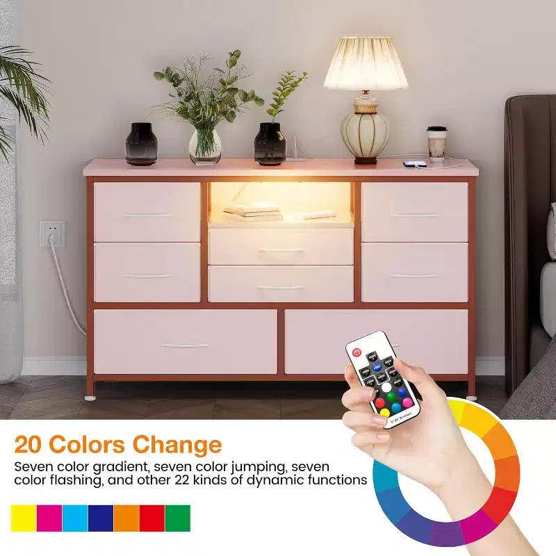 Meuble TV de 47,4 po avec prise de courant pour téléviseur de 55 po, commode de rangement à 8 tiroirs pour chambre à coucher, table console avec plateau en bois et 22 modes d'éclairage