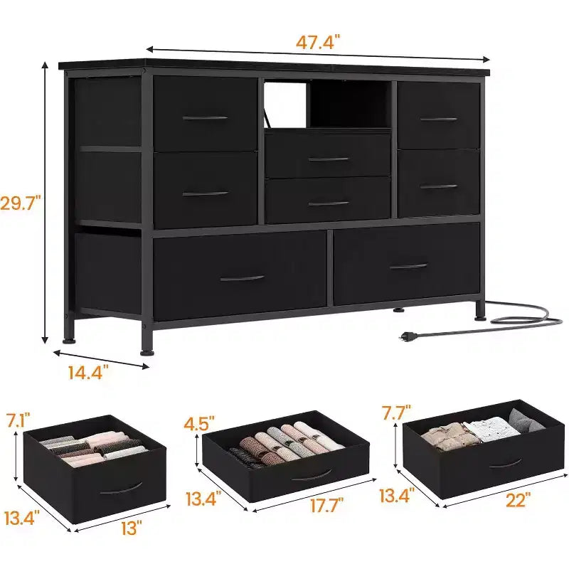 Meuble TV de 47,4 po avec prise de courant pour téléviseur de 55 po, commode de rangement à 8 tiroirs pour chambre à coucher, table console avec plateau en bois et 22 modes d'éclairage