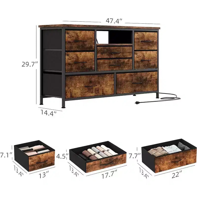 Meuble TV de 47,4 po avec prise de courant pour téléviseur de 55 po, commode de rangement à 8 tiroirs pour chambre à coucher, table console avec plateau en bois et 22 modes d'éclairage