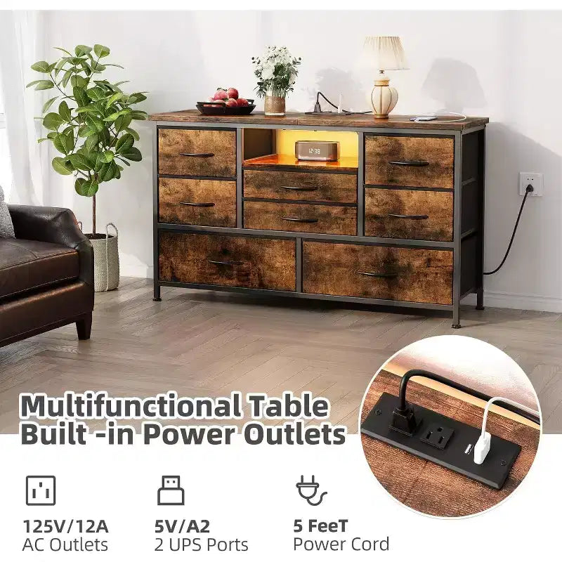 Meuble TV de 47,4 po avec prise de courant pour téléviseur de 55 po, commode de rangement à 8 tiroirs pour chambre à coucher, table console avec plateau en bois et 22 modes d'éclairage