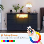 Meuble TV de 47,4 po avec prise de courant pour téléviseur de 55 po, commode de rangement à 8 tiroirs pour chambre à coucher, table console avec plateau en bois et 22 modes d'éclairage
