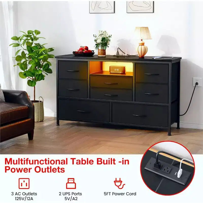 Meuble TV de 47,4 po avec prise de courant pour téléviseur de 55 po, commode de rangement à 8 tiroirs pour chambre à coucher, table console avec plateau en bois et 22 modes d'éclairage