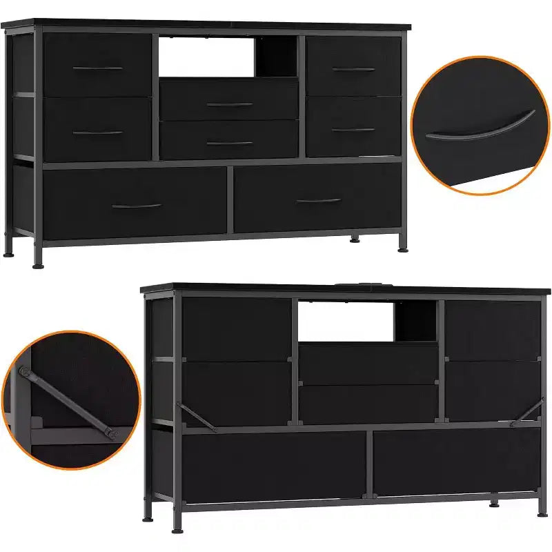 Meuble TV de 47,4 po avec prise de courant pour téléviseur de 55 po, commode de rangement à 8 tiroirs pour chambre à coucher, table console avec plateau en bois et 22 modes d'éclairage