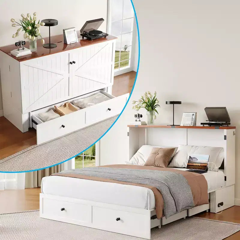 Mjkone Full/Queen Size Murphy Bed Chest with Mattress and Storage
