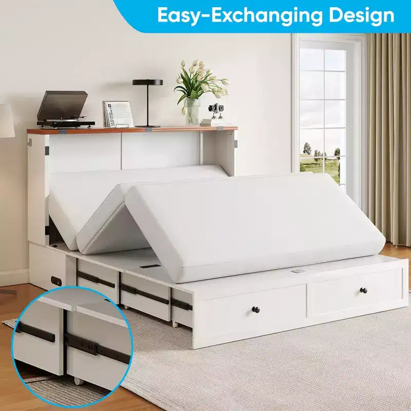 Lit escamotable coffre Full/Queen avec matelas et rangement