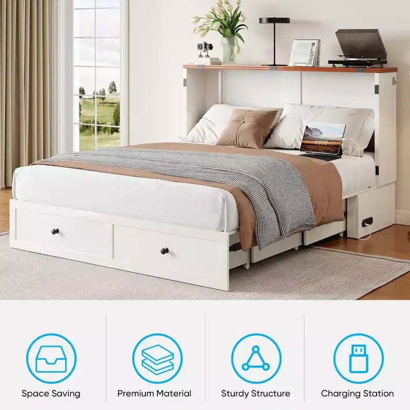 Lit escamotable coffre Full/Queen avec matelas et rangement