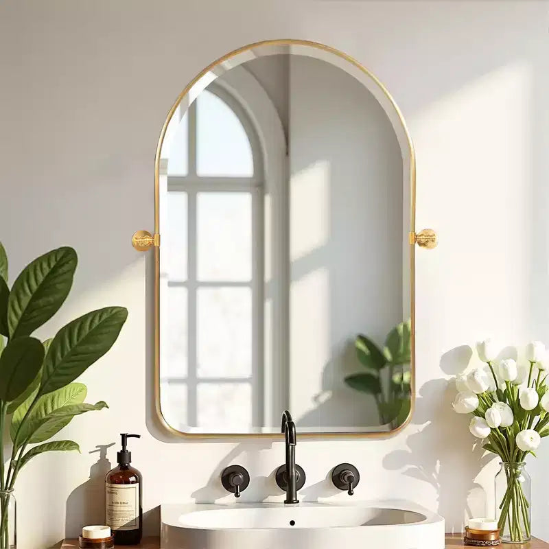 MAYEERTY Hanging Mirror Iron Rounded Corner Arch Gold Rotating Hardware 31x23x2in Double Sided