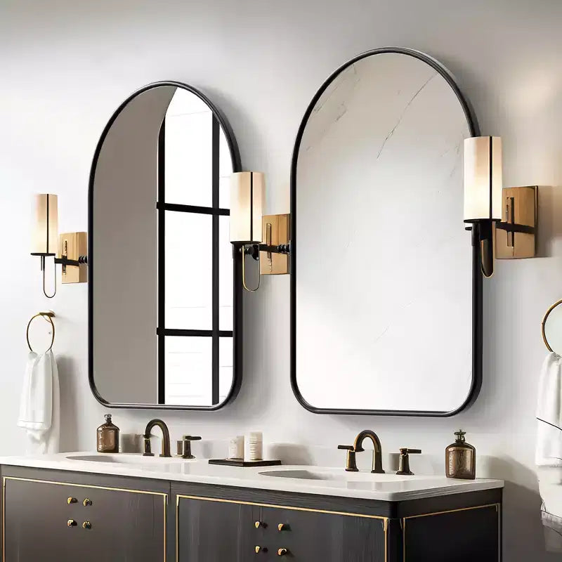 Miroir mural en fer, coins arrondis, arche dorée, quincaillerie rotative, 31x23x2in, double face