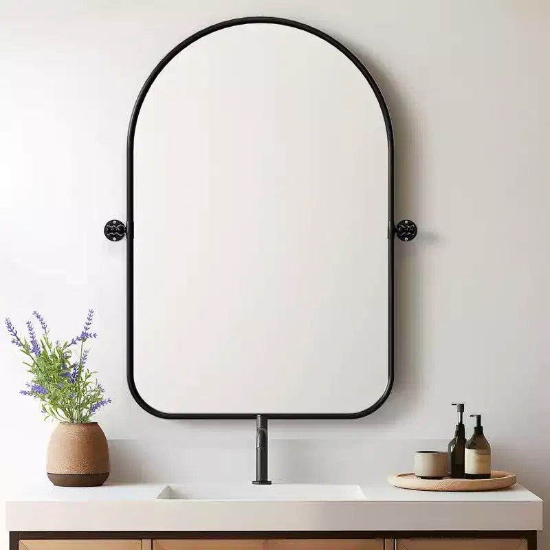 Miroir mural en fer, coins arrondis, arche dorée, quincaillerie rotative, 31x23x2in, double face