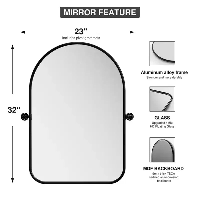 Miroir mural en fer, coins arrondis, arche dorée, quincaillerie rotative, 31x23x2in, double face