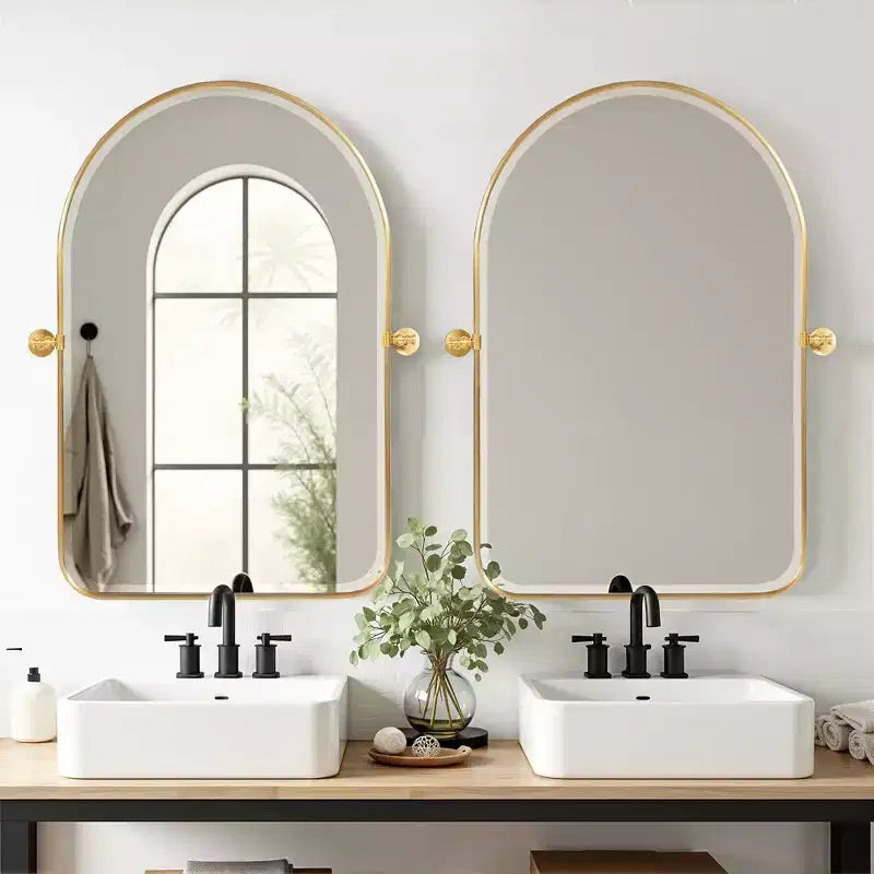 Miroir mural en fer, coins arrondis, arche dorée, quincaillerie rotative, 31x23x2in, double face