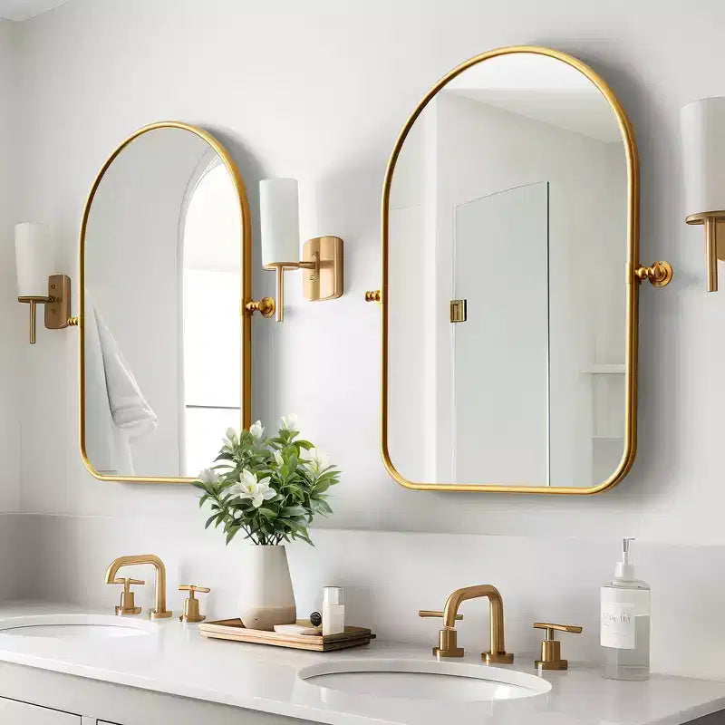 Miroir mural en fer, coins arrondis, arche dorée, quincaillerie rotative, 31x23x2in, double face