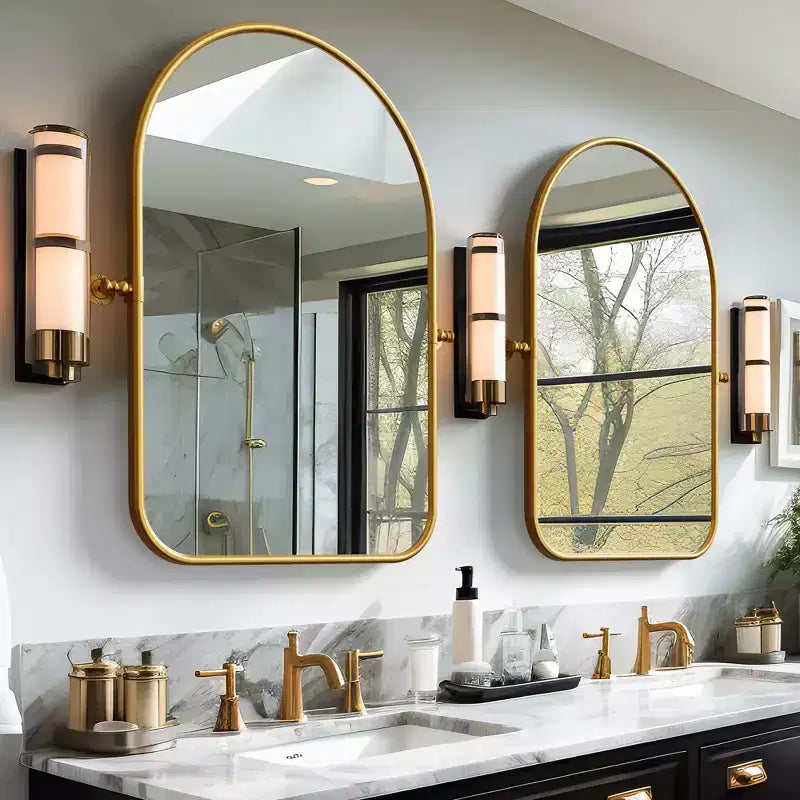 Miroir mural en fer, coins arrondis, arche dorée, quincaillerie rotative, 31x23x2in, double face