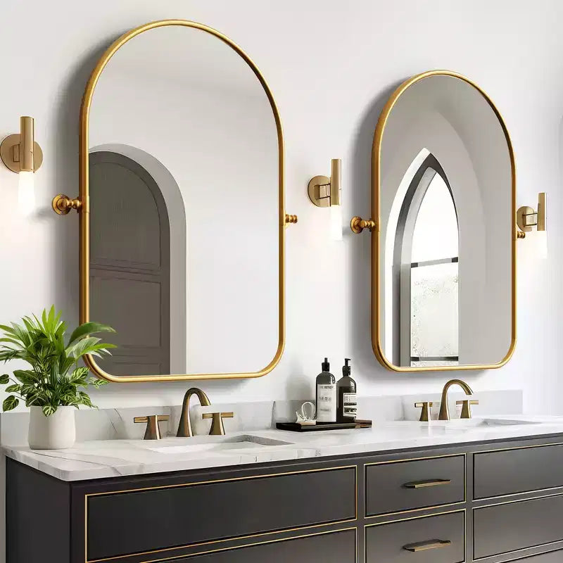 Miroir mural en fer, coins arrondis, arche dorée, quincaillerie rotative, 31x23x2in, double face