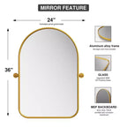 Miroir mural en fer, coins arrondis, arche dorée, quincaillerie rotative, 31x23x2in, double face