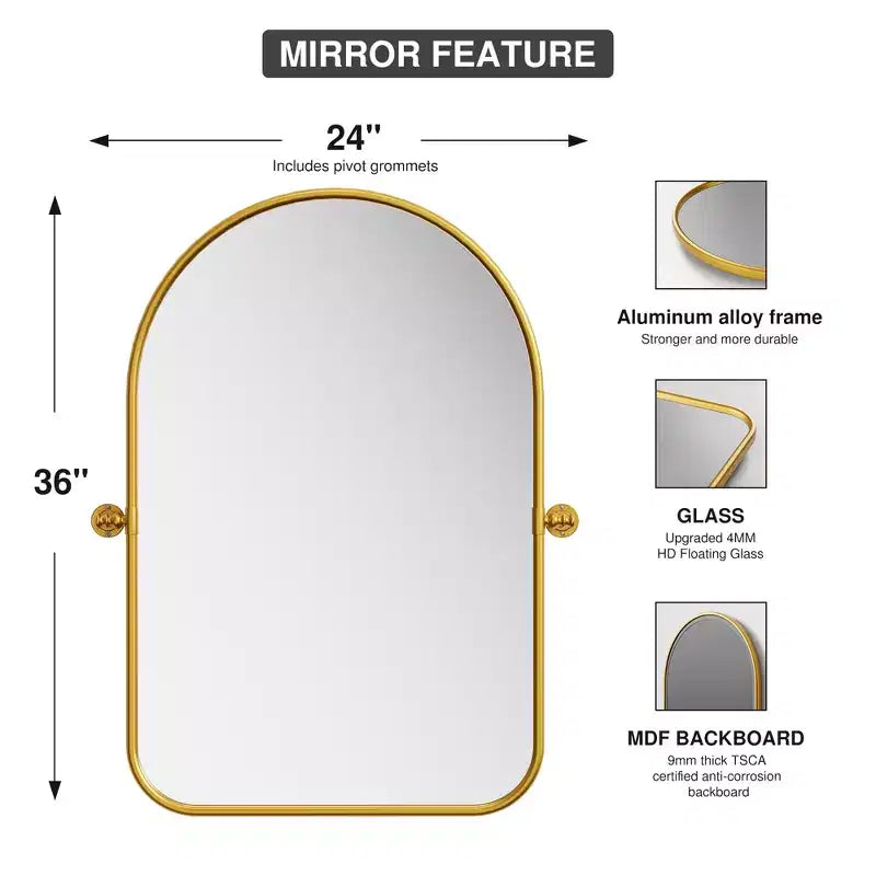 Miroir mural en fer, coins arrondis, arche dorée, quincaillerie rotative, 31x23x2in, double face