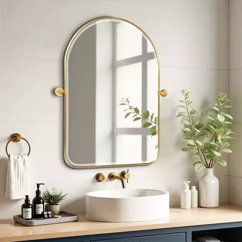 Miroir mural en fer, coins arrondis, arche dorée, quincaillerie rotative, 31x23x2in, double face
