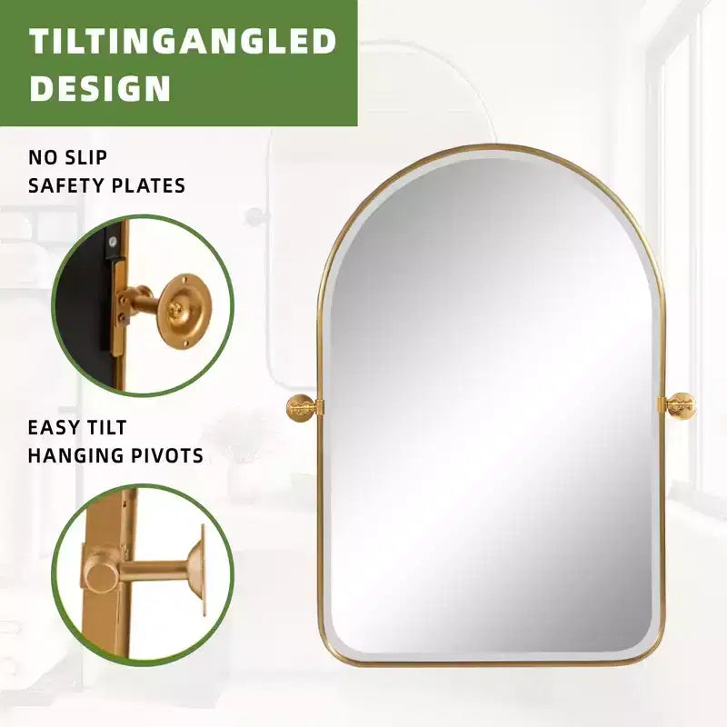 Miroir mural en fer, coins arrondis, arche dorée, quincaillerie rotative, 31x23x2in, double face