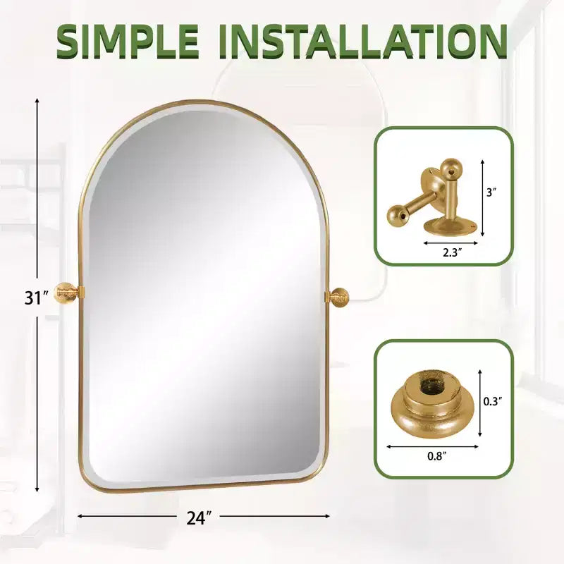 Miroir mural en fer, coins arrondis, arche dorée, quincaillerie rotative, 31x23x2in, double face