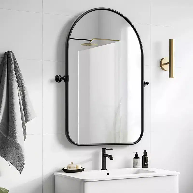 Miroir mural en fer, coins arrondis, arche dorée, quincaillerie rotative, 31x23x2in, double face