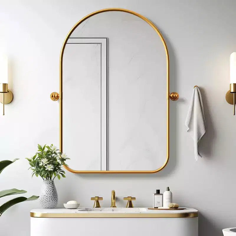 Miroir mural en fer, coins arrondis, arche dorée, quincaillerie rotative, 31x23x2in, double face
