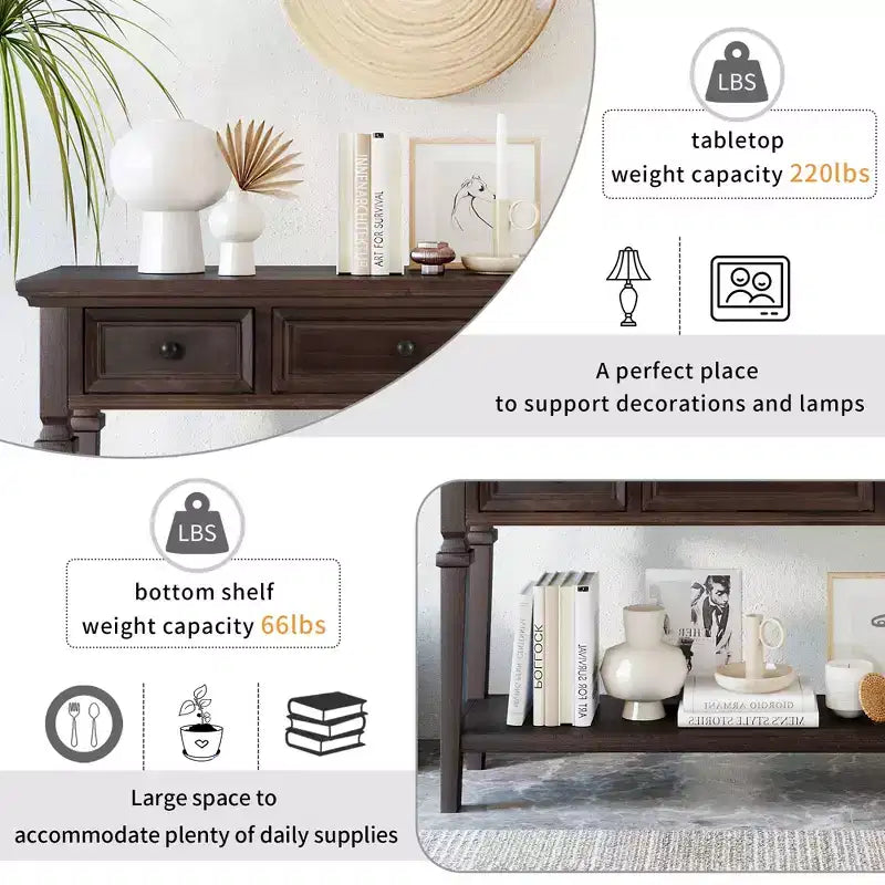 Console en pin massif Jessie 50 avec tiroirs et étagère inférieure ouverte