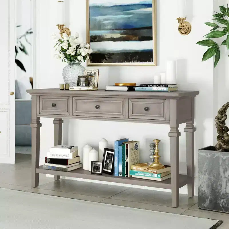 Console en pin massif Jessie 50 avec tiroirs et étagère inférieure ouverte