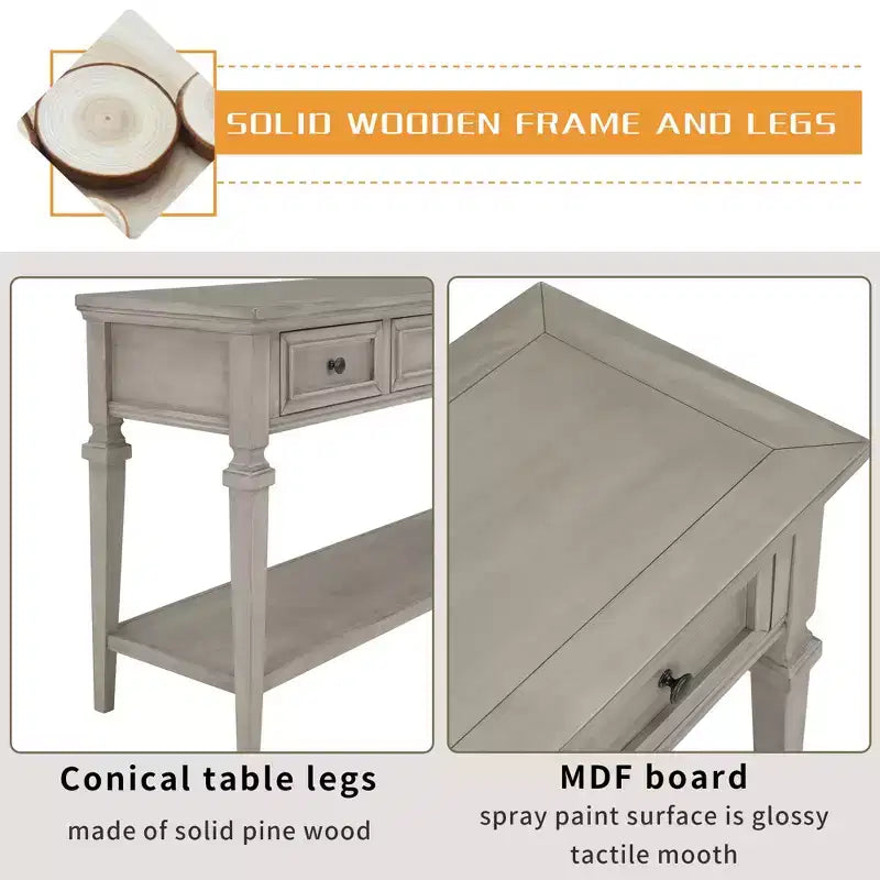 Console en pin massif Jessie 50 avec tiroirs et étagère inférieure ouverte