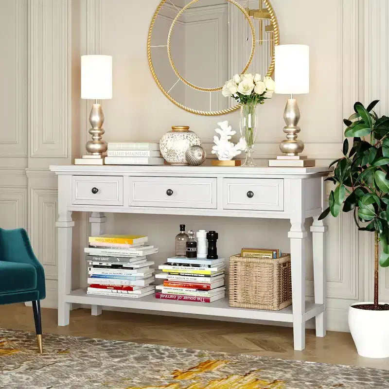 Console en pin massif Jessie 50 avec tiroirs et étagère inférieure ouverte
