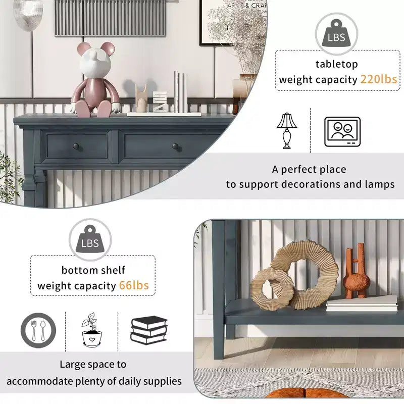 Console en pin massif Jessie 50 avec tiroirs et étagère inférieure ouverte