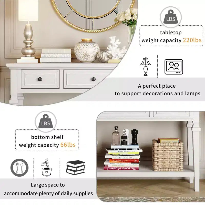 Console en pin massif Jessie 50 avec tiroirs et étagère inférieure ouverte