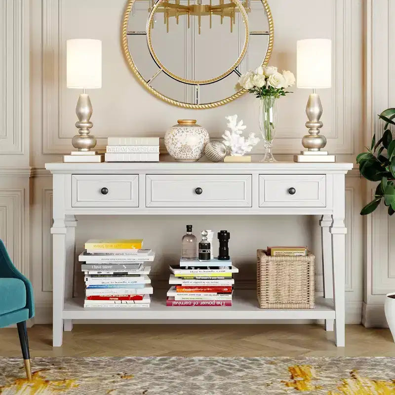 GDFStudio Jessie 50 Solid Pine Wood Console Table with Drawers and Open Bottom Shelf
