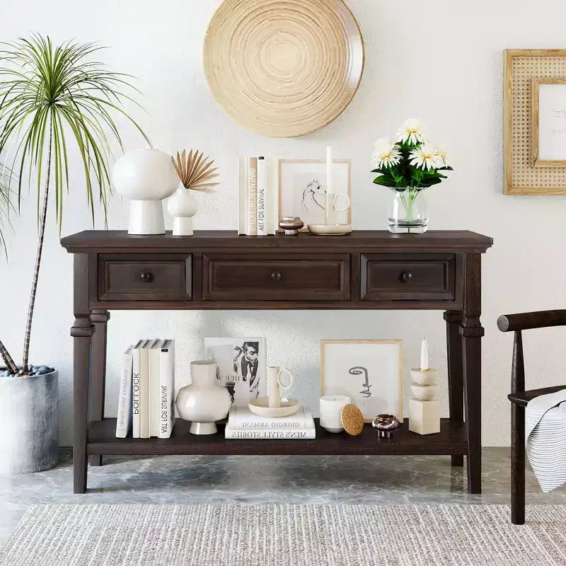 Console en pin massif Jessie 50 avec tiroirs et étagère inférieure ouverte