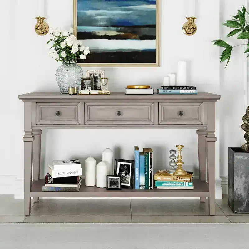 Console en pin massif Jessie 50 avec tiroirs et étagère inférieure ouverte