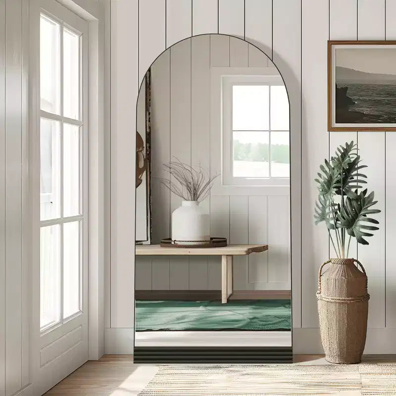 Miroir pleine longueur, pied en bois, motif rayé, arche à angle droit, noir, 71x31x1in, sans support