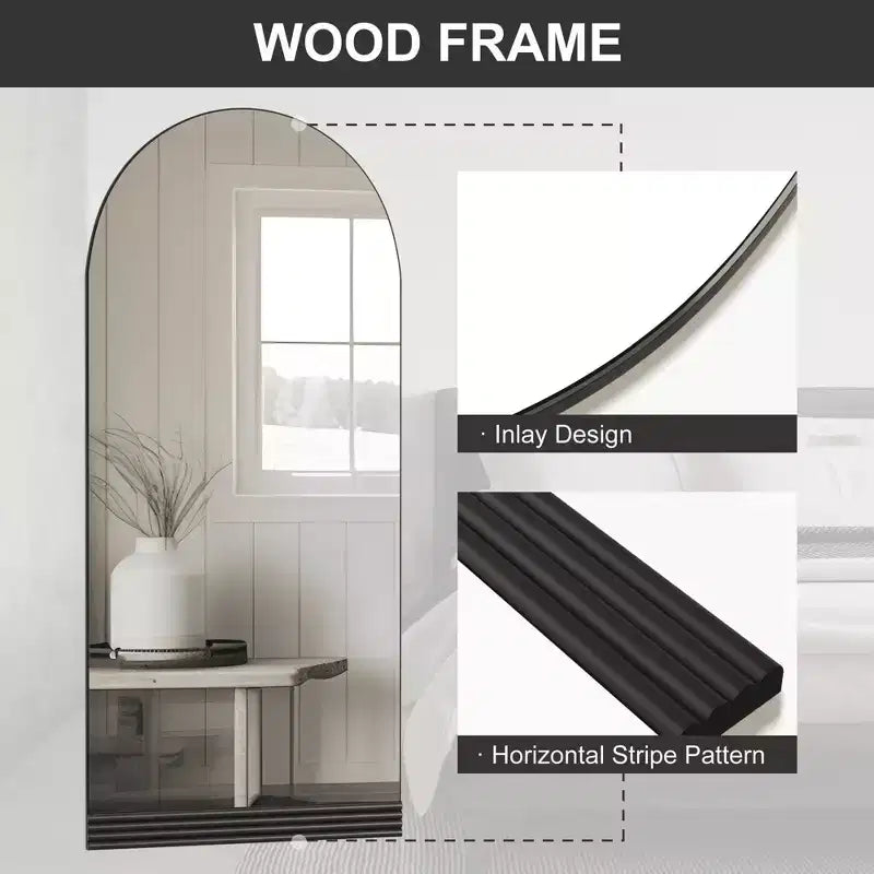 Miroir pleine longueur, pied en bois, motif rayé, arche à angle droit, noir, 71x31x1in, sans support