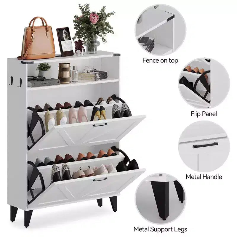 Meuble à chaussures, Organisateur de chaussures autoportant avec 2 tiroirs à abattant, Étagère à chaussures étroite de style ferme
