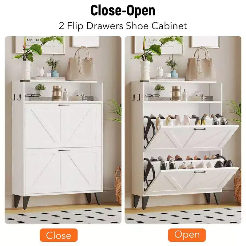 Meuble à chaussures, Organisateur de chaussures autoportant avec 2 tiroirs à abattant, Étagère à chaussures étroite de style ferme