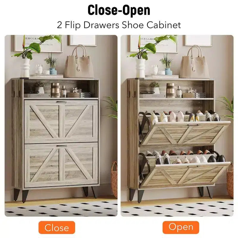 Meuble à chaussures, Organisateur de chaussures autoportant avec 2 tiroirs à abattant, Étagère à chaussures étroite de style ferme