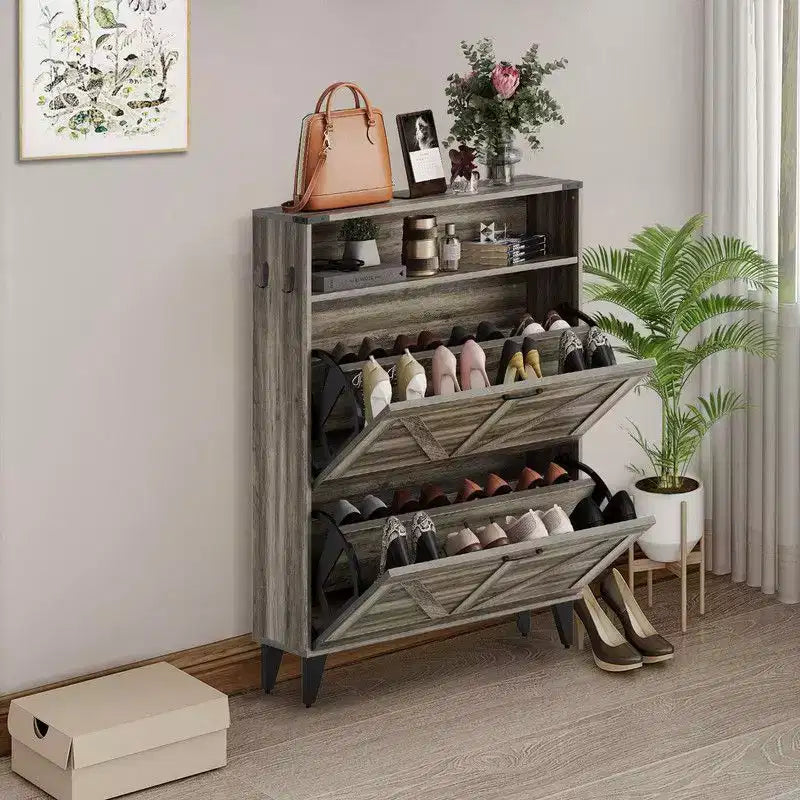 Shoe Cabinet, Freestanding Shoe Organizer with 2 Flip Drawers, Narrow Farmhouse Shoe Rack