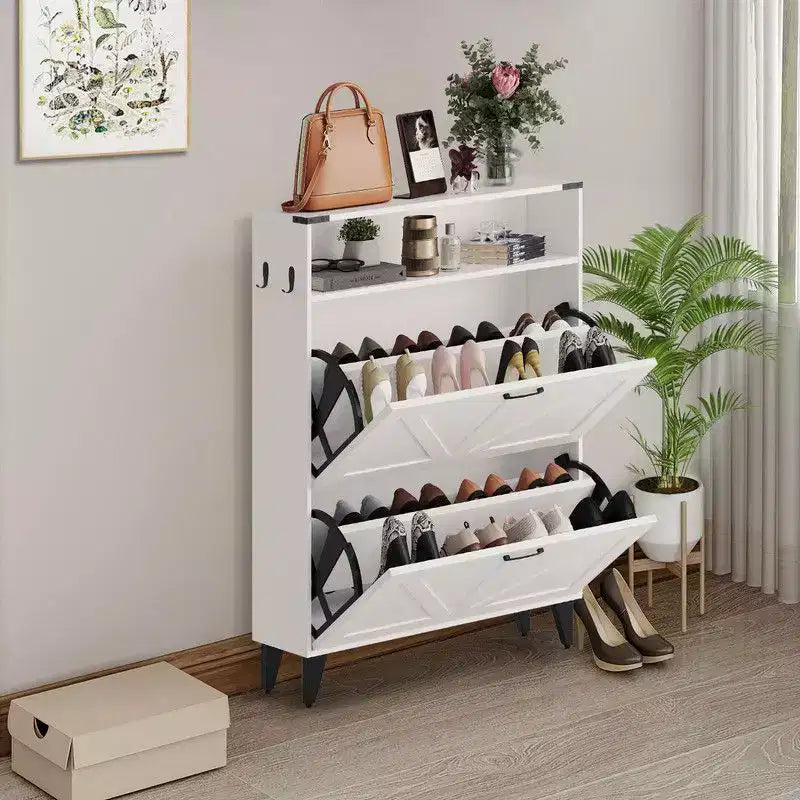 Meuble à chaussures, Organisateur de chaussures autoportant avec 2 tiroirs à abattant, Étagère à chaussures étroite de style ferme