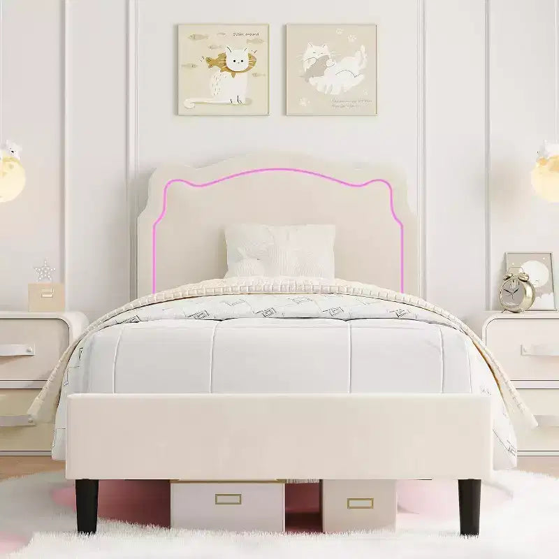 Acekool Bear-Shaped Velvet Twin Bed Frame with RGB Lighting, Adjustable Headboard, No Box Spring, Kids Platform