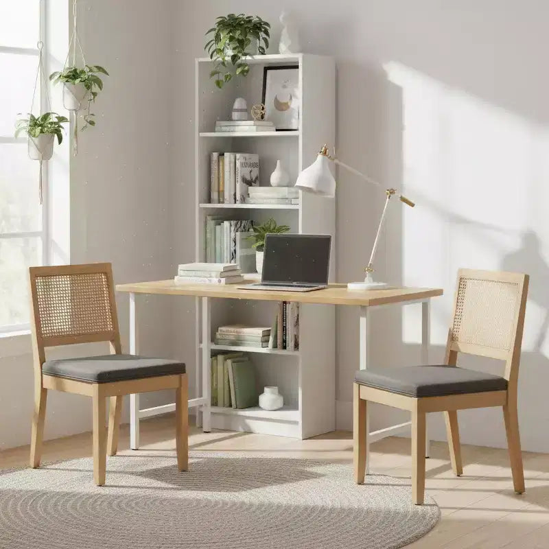 Lot de 2 chaises de salle à manger avec dossier en rotin et cadre en bois naturel, petit espace, réunion de famille, renouveau du Nouvel An, gris