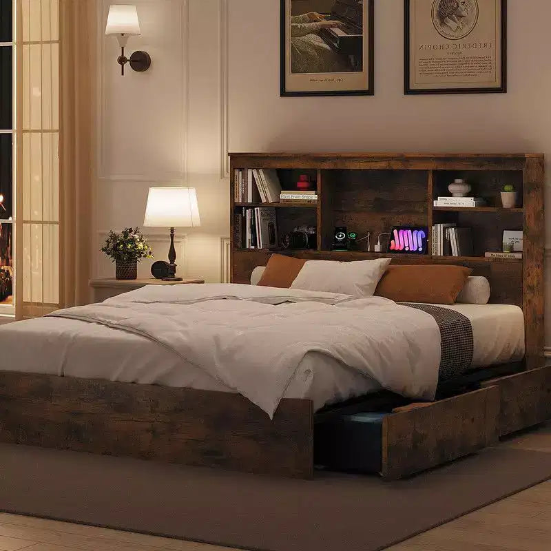 Cadre de lit double/grand lit avec tête de lit bibliothèque à rangement élevé, cadre de lit en bois avec 4 tiroirs de rangement, station de charge intégrée