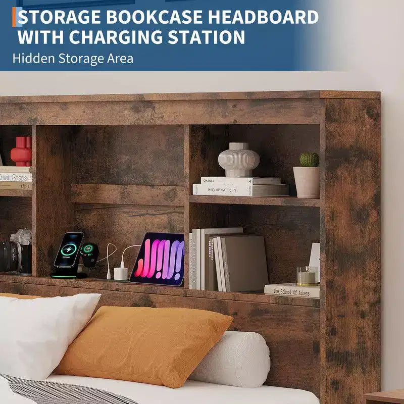 Cadre de lit double/grand lit avec tête de lit bibliothèque à rangement élevé, cadre de lit en bois avec 4 tiroirs de rangement, station de charge intégrée
