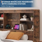 Cadre de lit double/grand lit avec tête de lit bibliothèque à rangement élevé, cadre de lit en bois avec 4 tiroirs de rangement, station de charge intégrée