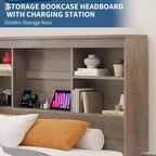 Cadre de lit double/grand lit avec tête de lit bibliothèque à rangement élevé, cadre de lit en bois avec 4 tiroirs de rangement, station de charge intégrée