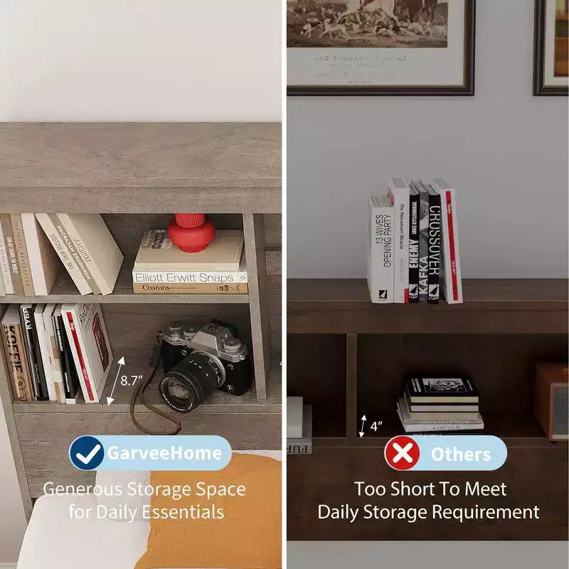 Cadre de lit double/grand lit avec tête de lit bibliothèque à rangement élevé, cadre de lit en bois avec 4 tiroirs de rangement, station de charge intégrée